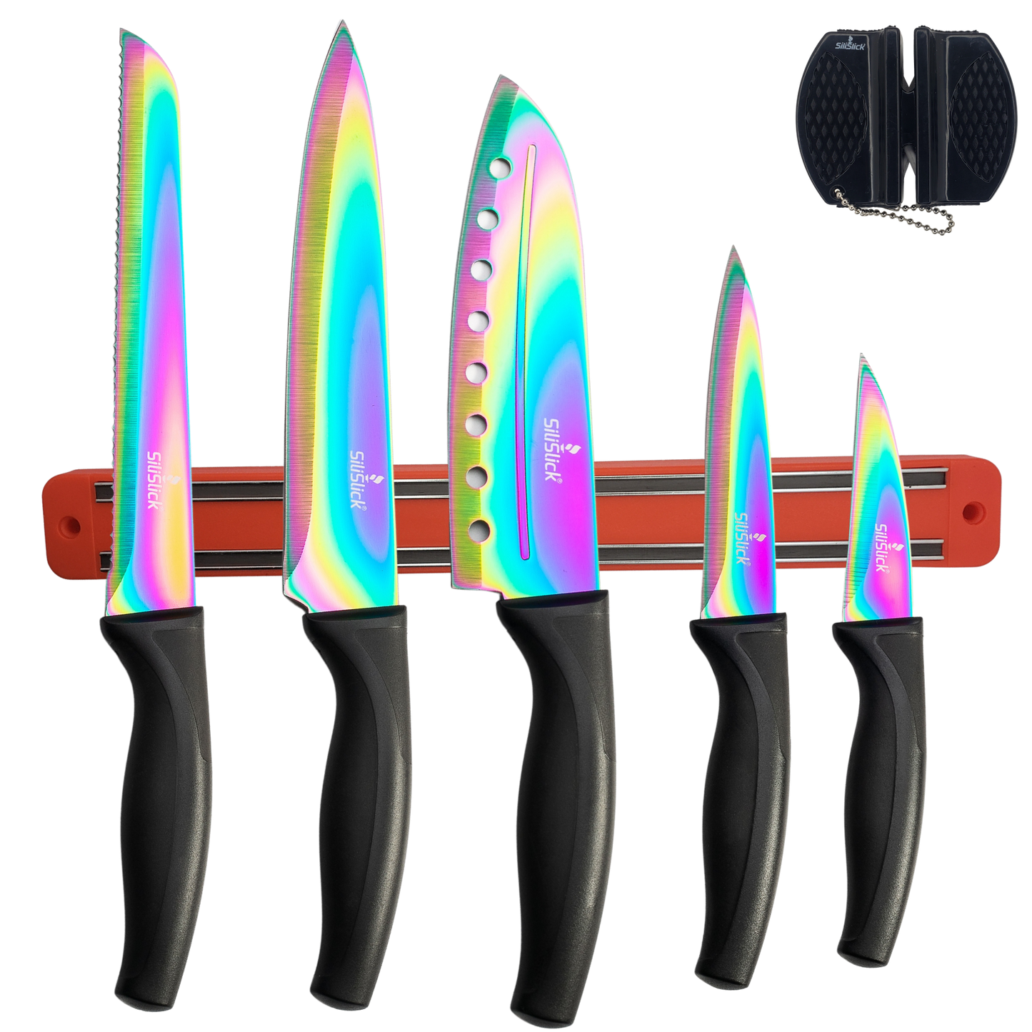 Kitchen Knife Set Kit | Black Handle & Red Magnetic Rack