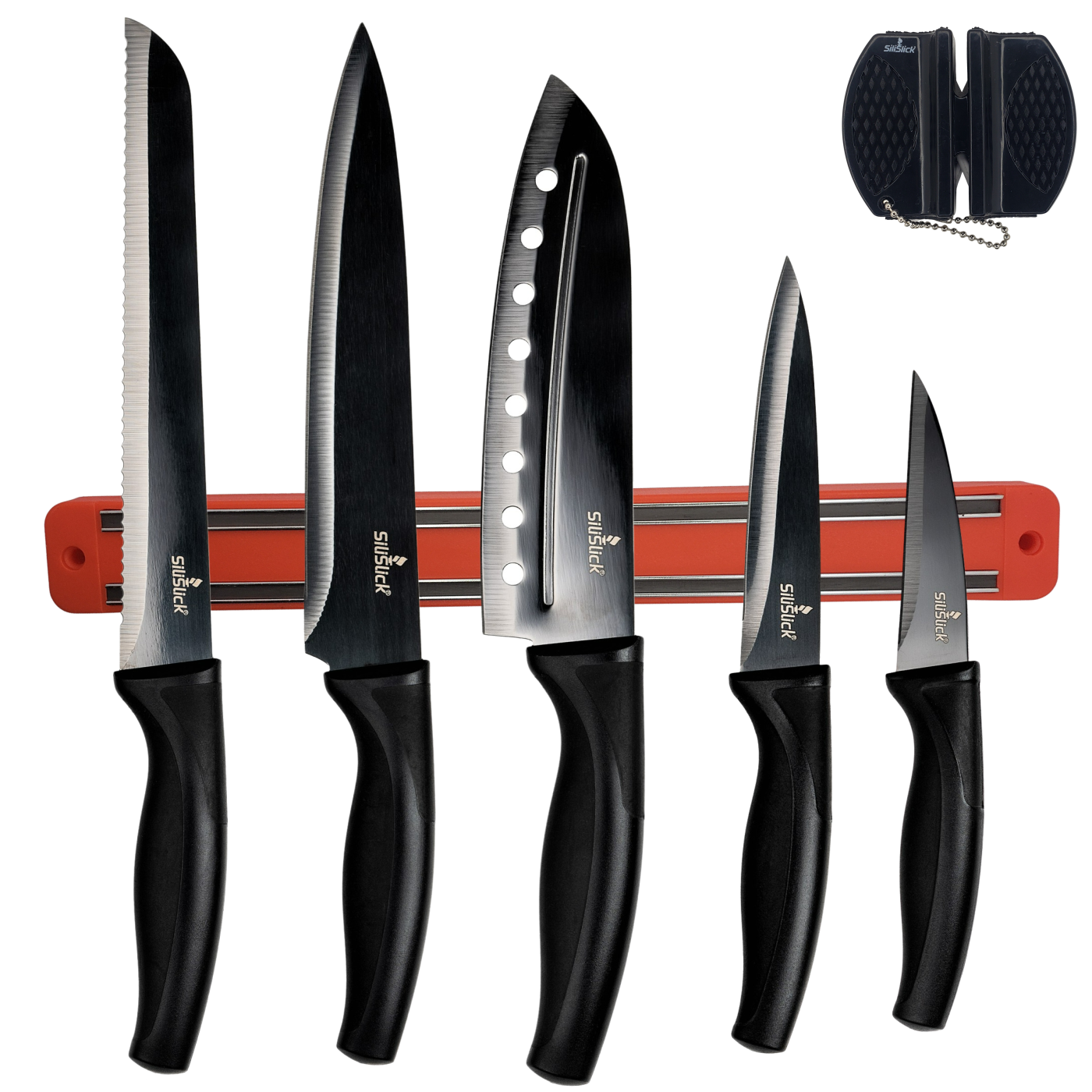 Kitchen Knife Set Kit | Black Handle, Black Blade & Red Magnetic Rack
