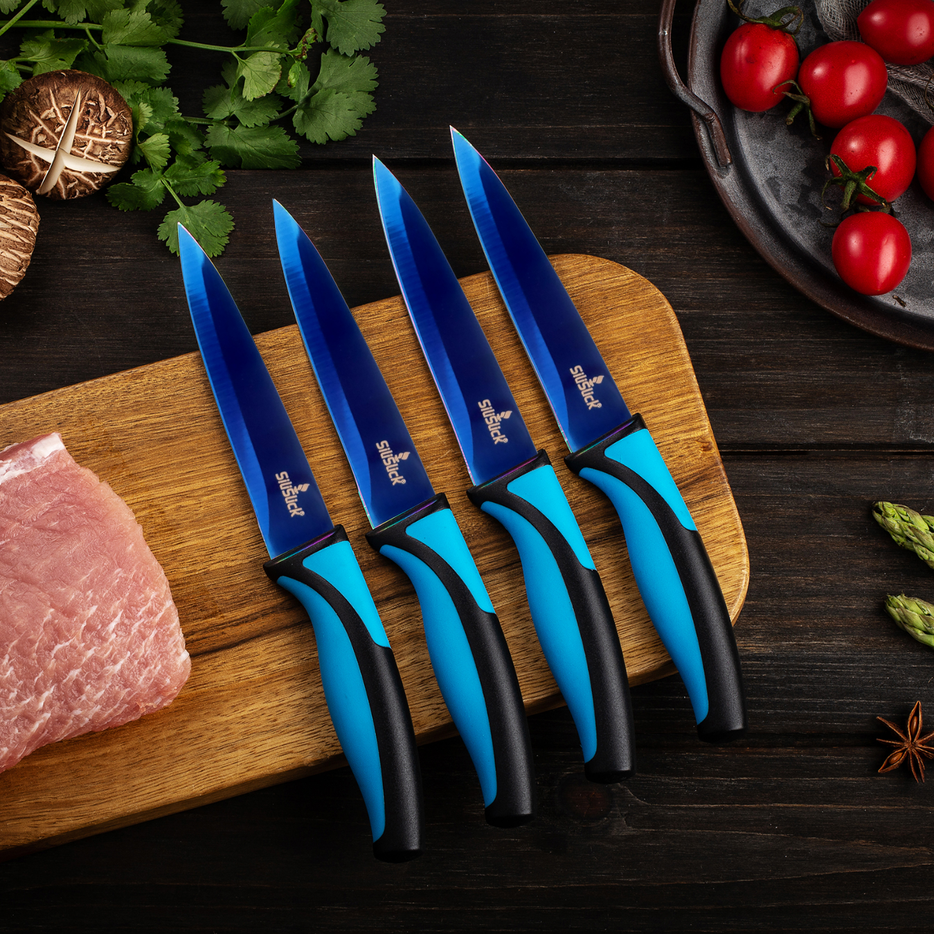 Steak Knife Set (4 Blue Handle, Blue Blade)
