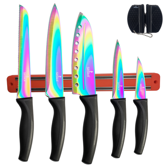 Kitchen Knife Set Kit | Black Handle & Red Magnetic Rack