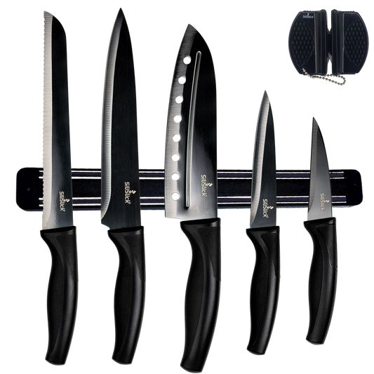 Kitchen Knife Set Kit | Black Handle, Black Blade & Black Magnetic Rack