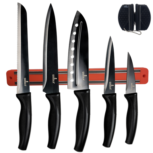 Kitchen Knife Set Kit | Black Handle, Black Blade & Red Magnetic Rack